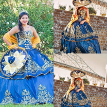 Load image into Gallery viewer, Lace-up Quinceanera Dresses 2021 Mexican Luxury gold Embroidery Masquerade Ball Gown Royal Blue Sweety 16 Girls Prom Party Dress