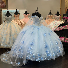 Load image into Gallery viewer, 2021 Pink White Princess Quinceanera Dress with Cape Wrap Appliques Sequins Flowers Party Sweet 16 Gown Vestidos De 15 Años XV