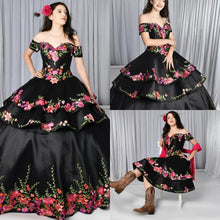 Load image into Gallery viewer, 2021 Black Quinceanera Dresses Charro Detachable Skirt Floral Embroidered Off The Shoulder Sweet 16 Dress Mexican Theme