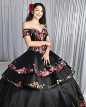 Load image into Gallery viewer, 2021 Black Quinceanera Dresses Charro Detachable Skirt Floral Embroidered Off The Shoulder Sweet 16 Dress Mexican Theme