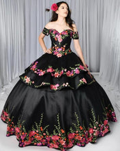 Load image into Gallery viewer, 2021 Black Quinceanera Dresses Charro Detachable Skirt Floral Embroidered Off The Shoulder Sweet 16 Dress Mexican Theme