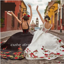 Load image into Gallery viewer, Sexy Dee V Neck Vestidos De 15 Años Black Embroidery Quinceanera Dresses Backless Tulle Charro Mexican Ball Gown Sweet 16 Dress