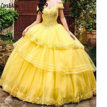 Load image into Gallery viewer, Yellow Quinceanera Dresses with Wrap Lace Appliques Off the Shoulder Charro Sweet 16 Dress Beading vestidos de 15 años