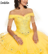 Load image into Gallery viewer, Yellow Quinceanera Dresses with Wrap Lace Appliques Off the Shoulder Charro Sweet 16 Dress Beading vestidos de 15 años