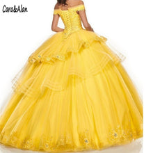 Load image into Gallery viewer, Yellow Quinceanera Dresses with Wrap Lace Appliques Off the Shoulder Charro Sweet 16 Dress Beading vestidos de 15 años