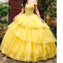 Load image into Gallery viewer, Yellow Quinceanera Dresses with Wrap Lace Appliques Off the Shoulder Charro Sweet 16 Dress Beading vestidos de 15 años
