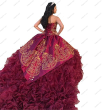 Load image into Gallery viewer, 2022 Fashion Gold Embroidery XV Burgundy Ball Gown Satin Ruffles Charro Cheap Quinceanera Mexican Puffy Dresses Sweet 15 16