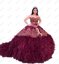 Load image into Gallery viewer, 2022 Fashion Gold Embroidery XV Burgundy Ball Gown Satin Ruffles Charro Cheap Quinceanera Mexican Puffy Dresses Sweet 15 16