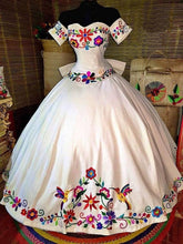Load image into Gallery viewer, Mexican Charro Quinceanera Dresses Theme Colorful Embroidered Off The Shoulder Satin Lace-up Ball Gown Sweet 16 Vestidos 15 Anos