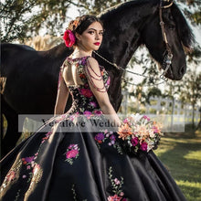 Load image into Gallery viewer, Mexican Charro Quinceanera Dresses vestido de 15 años V Neck Black Embroidery Sweet 16 Dress Puffy Skirt Girl Prom Wear