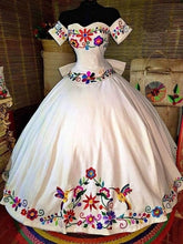 Load image into Gallery viewer, Mexican Charro Quinceanera Dresses Theme Colorful Embroidered Off The Shoulder Satin Lace-up Ball Gown Sweet 16 Vestidos 15 Anos