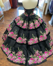 Load image into Gallery viewer, 2021 Black Damas Quinceanera Dresses Embroidered Three Layers Princess Strapless Lace-up Backless Charro Sweet 16 Dress