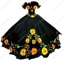 Load image into Gallery viewer, Vestido De Anos 15 16 Girls Fancy Sun Flower Embroidery Cheap 2022 Black Quinceanrea Prom Dresses Mexican Charro Off Shoulder