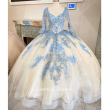 Load image into Gallery viewer, Sky Blue Quinceanera Dresses V neck Ball Gown Charro XV Tulle Long Illusion Sleeves Applique Vestido De 15