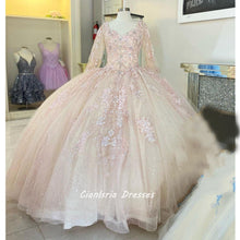 Load image into Gallery viewer, Sky Blue Quinceanera Dresses V neck Ball Gown Charro XV Tulle Long Illusion Sleeves Applique Vestido De 15