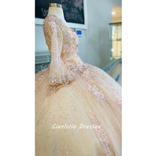 Load image into Gallery viewer, Sky Blue Quinceanera Dresses V neck Ball Gown Charro XV Tulle Long Illusion Sleeves Applique Vestido De 15