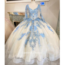 Load image into Gallery viewer, Sky Blue Quinceanera Dresses V neck Ball Gown Charro XV Tulle Long Illusion Sleeves Applique Vestido De 15