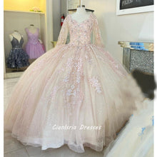 Load image into Gallery viewer, Sky Blue Quinceanera Dresses V neck Ball Gown Charro XV Tulle Long Illusion Sleeves Applique Vestido De 15
