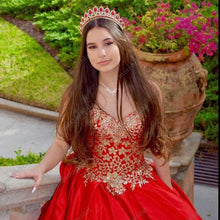 Load image into Gallery viewer, Gorgeous Red and Gold Embroidery Cheap Mexican Quinceanera Prom Dress Charro Ball Gown Sweetheart Floor Length Lace
