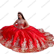 Load image into Gallery viewer, Gorgeous Red and Gold Embroidery Cheap Mexican Quinceanera Prom Dress Charro Ball Gown Sweetheart Floor Length Lace