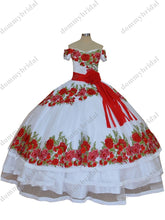 Load image into Gallery viewer, Modest Red Floral Flowers Embroidered White Quinceanera Dresses Mexican Charro XV 15 Anos Off Shoulders Ball Gown Sweet 16 Dress