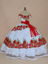 Load image into Gallery viewer, Modest Red Floral Flowers Embroidered White Quinceanera Dresses Mexican Charro XV 15 Anos Off Shoulders Ball Gown Sweet 16 Dress