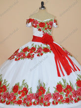 Load image into Gallery viewer, Modest Red Floral Flowers Embroidered White Quinceanera Dresses Mexican Charro XV 15 Anos Off Shoulders Ball Gown Sweet 16 Dress