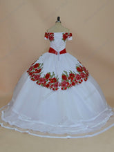 Load image into Gallery viewer, Modest Red Floral Flowers Embroidered White Quinceanera Dresses Mexican Charro XV 15 Anos Off Shoulders Ball Gown Sweet 16 Dress