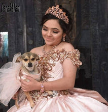 Load image into Gallery viewer, Charro Pink Quinceanera Dresses Off Shoulder Ruffles Sweet 16 Dress Party Wear Sequin Princess Gowns Crystal Vestidos De Xv Años