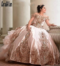 Load image into Gallery viewer, Charro Pink Quinceanera Dresses Off Shoulder Ruffles Sweet 16 Dress Party Wear Sequin Princess Gowns Crystal Vestidos De Xv Años