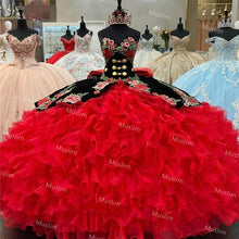 Load image into Gallery viewer, Charming Red And Black Charro Quinceanera Dresse 2021Puffy Sweetheart Embroidery Lace Up Ball Gown Sweet 15 Dress Heavy Manuall
