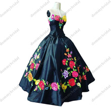 Load image into Gallery viewer, Sexy Black Colorful Flower Embroidered Ball Gown Sweetheart Mexican Quinceanera Dresses Charro XV Sweet 15 16 Women Girl Prom