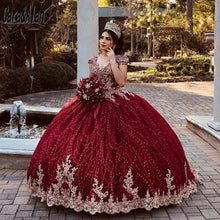 Load image into Gallery viewer, Charro Vestido De15 Años Burgundy Quinceanera Dresses Lace Applique Sequin Mexican Sweet 16 Birthday Prom Gowns Backless