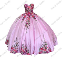 Load image into Gallery viewer, Romantic Red Floral Flowers Pink Satin Ball Gown Quinceanera Dress 2022 Mexican Charro Sweetheart Prom Formal Cocktail Dresses