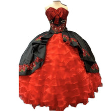 Load image into Gallery viewer, Black and Red Floral Flowers Quinceanera Dresses Mexican Charro Sweetheart Beaded Crystal Satin Vestido de Sweet 15 Ball Gown