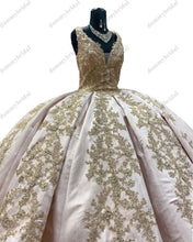 Load image into Gallery viewer, Bling bling Gold Embroidery V neck Cheap 2022 Quinceanera Formal Evening Dress Beads Floor Length Charro Vestido De 15 Anos XV