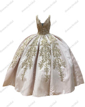 Load image into Gallery viewer, Bling bling Gold Embroidery V neck Cheap 2022 Quinceanera Formal Evening Dress Beads Floor Length Charro Vestido De 15 Anos XV