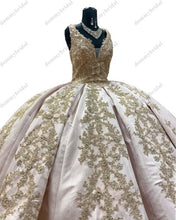 Load image into Gallery viewer, Bling bling Gold Embroidery V neck Cheap 2022 Quinceanera Formal Evening Dress Beads Floor Length Charro Vestido De 15 Anos XV