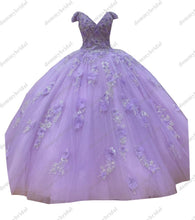 Load image into Gallery viewer, 2022 Romantic Lavender Off Shoulders Ball Gown For Women Formal Party Quinceanera with Sleeve Sliver Lace African Flowers Charro