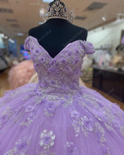 Load image into Gallery viewer, 2022 Romantic Lavender Off Shoulders Ball Gown For Women Formal Party Quinceanera with Sleeve Sliver Lace African Flowers Charro