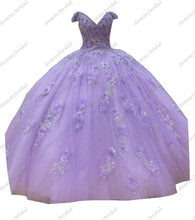 Load image into Gallery viewer, 2022 Romantic Lavender Off Shoulders Ball Gown For Women Formal Party Quinceanera with Sleeve Sliver Lace African Flowers Charro