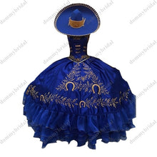 Load image into Gallery viewer, Fashion Gold Embroidery Embellishment Ball Gown for Women girls Puffy Formal Party Quinceanera Strapless Royal Blue Charro XV