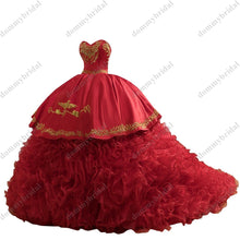 Load image into Gallery viewer, 2022 Vestido de 15 16 Anos XV Ball Gown Quinceanera Party Dresses Sweetheart Gold Patterned Ruffle Puffy Skirt Charro Prom Dress