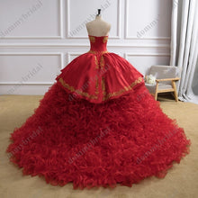 Load image into Gallery viewer, 2022 Vestido de 15 16 Anos XV Ball Gown Quinceanera Party Dresses Sweetheart Gold Patterned Ruffle Puffy Skirt Charro Prom Dress