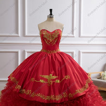 Load image into Gallery viewer, 2022 Vestido de 15 16 Anos XV Ball Gown Quinceanera Party Dresses Sweetheart Gold Patterned Ruffle Puffy Skirt Charro Prom Dress