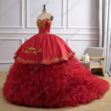 Load image into Gallery viewer, 2022 Vestido de 15 16 Anos XV Ball Gown Quinceanera Party Dresses Sweetheart Gold Patterned Ruffle Puffy Skirt Charro Prom Dress
