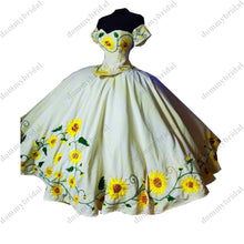 Load image into Gallery viewer, 2022 Modest Yellow Sunflower Embroidery Off the shoulder Ball Gown Cheap Quinceanera Prom Dress Charro Satin with Sleeves Corset