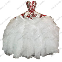 Load image into Gallery viewer, Beautiful Red Floral Flowers and White Ruffles Quinceanera Prom Formal Dresses 2022 Sweetheart Satin Corset Mexican Charro XV
