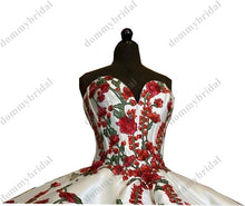 Load image into Gallery viewer, Beautiful Red Floral Flowers and White Ruffles Quinceanera Prom Formal Dresses 2022 Sweetheart Satin Corset Mexican Charro XV