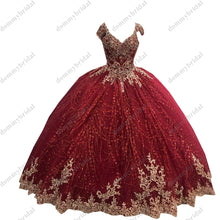 Load image into Gallery viewer, Vestido De 15 Ball Gown Burgundy Glitter Sequin Tulle 2022 Quinceanera Prom Dresses Gold Lace Embroidery Corset Crystal Charro